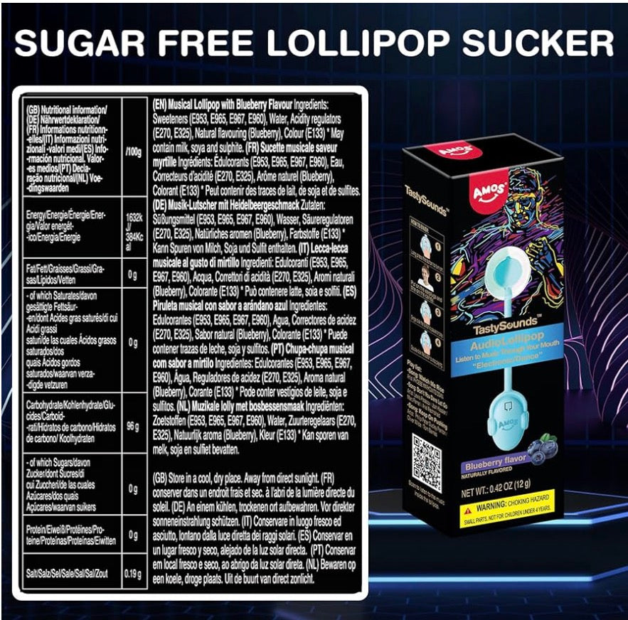 Amos Music Lollipop Candy, Audio Singing Lollipop, Individually Wrapped Natural Blueberry Flavor (1 Pack) - Space MDM