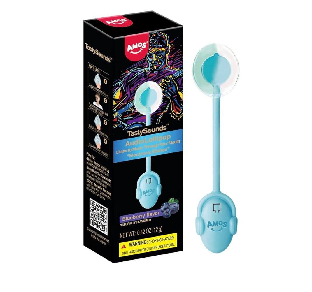 Amos Music Lollipop Candy, Audio Singing Lollipop, Individually Wrapped Natural Blueberry Flavor (1 Pack) - Space MDM