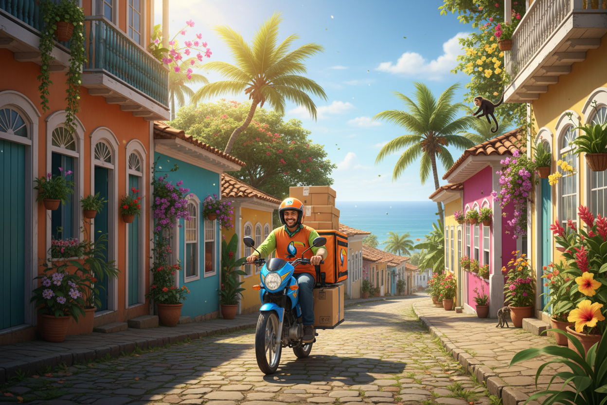 crie uma imagem de uma entrega feita no brasil, algo bem tropical